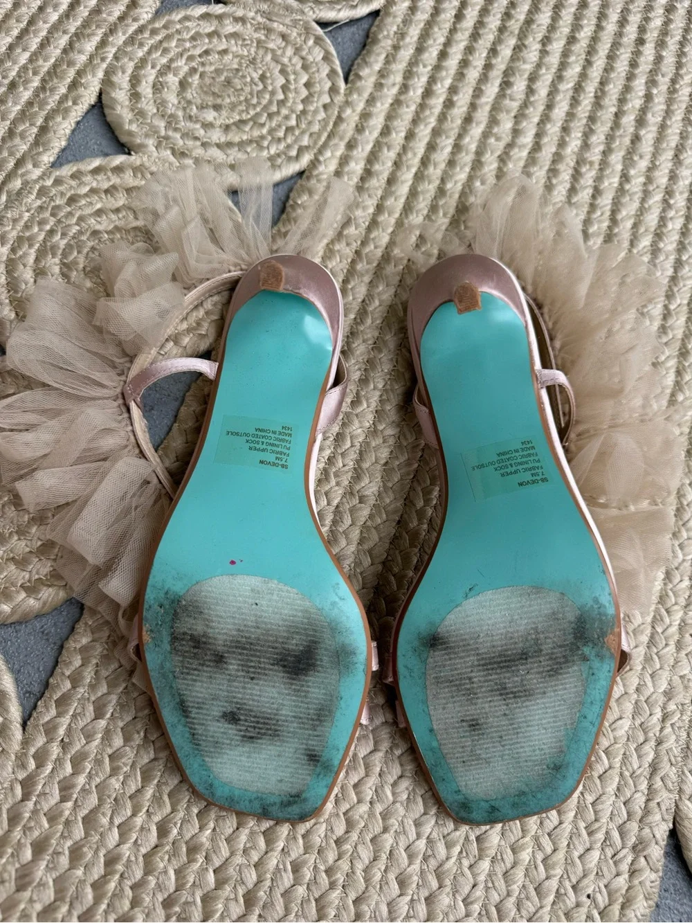 Betsey Johnson Devon Tulle Ruffle Pink Satin Heels Sandals Size 7.5